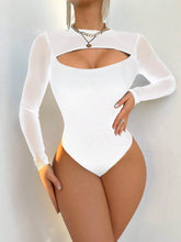 Women Crew Neck Long Sleeve Mesh Patchwork Hollow Out Casual Bodysuit